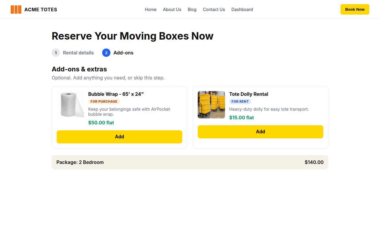 Public booking add-ons step showing optional purchase and rental extras