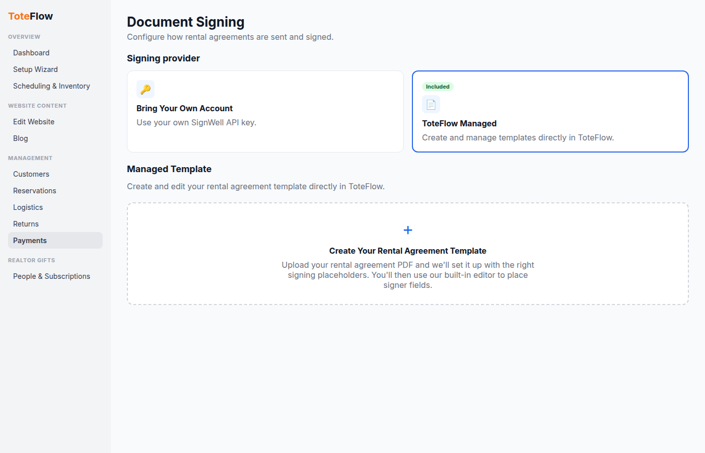 Document signing settings with Bring Your Own SignWell account or ToteFlow Managed rental agreements
