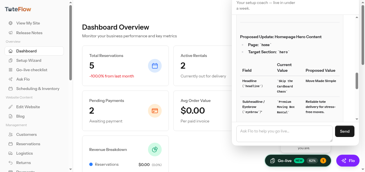 Flo chat showing a proposed homepage hero update
