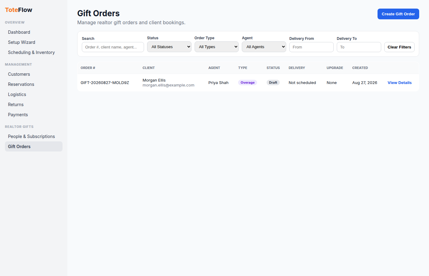 Gift orders board showing realtor gift bookings with client, agent, type, and status