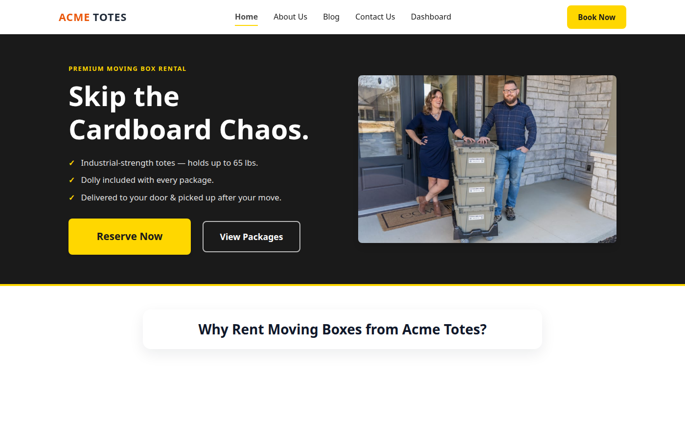 Acme Totes public homepage, a branded demo tenant site on ToteFlow