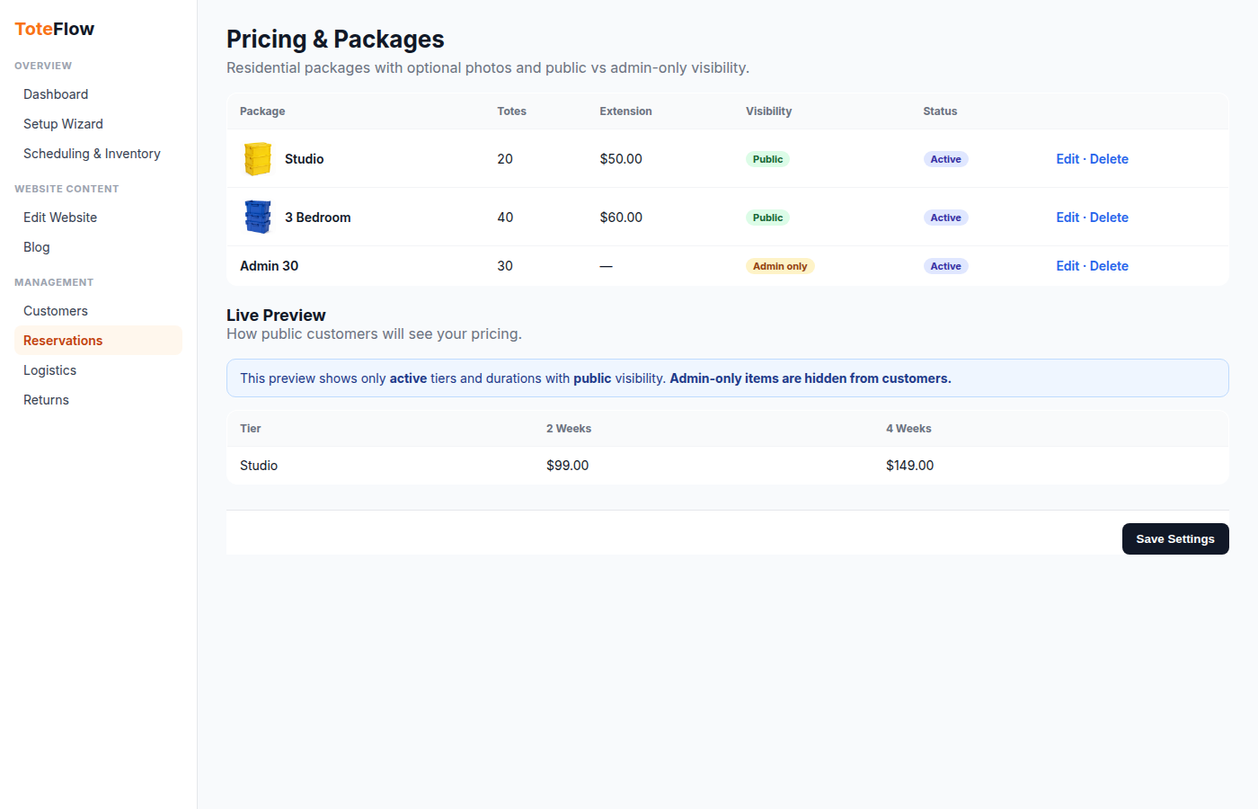 Admin pricing packages table with optional package photos and a live preview of public customer pricing