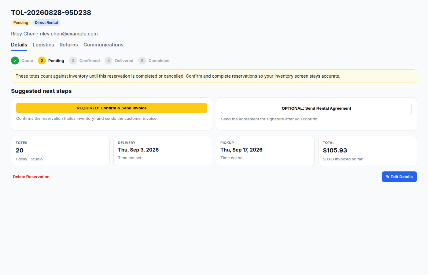 Pending reservation detail with Confirm and Send Invoice required and Send Rental Agreement optional